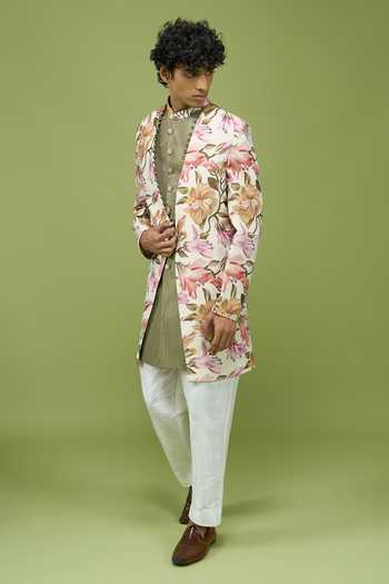 Arihant Rai Sinha_Off White Silk, Dupion Stylized Floral Jacket Kurta And Pant Set _at_Aza_Fashions
