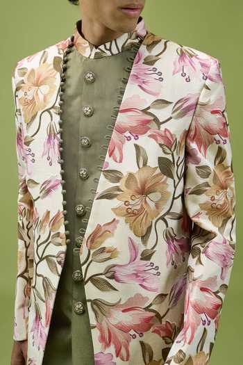 Buy_Arihant Rai Sinha_Off White Silk, Dupion Stylized Floral Jacket Kurta And Pant Set 
