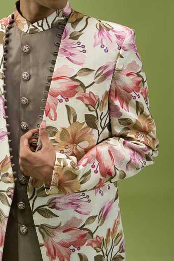 Shop_Arihant Rai Sinha_Off White Silk, Dupion Stylized Floral Jacket Kurta And Pant Set 