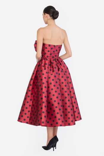 Gauri & Nainika Red Bandeau Neck Polka Dot Print Midi Dress at Aza Fashions Gauri & Nainika_Red Bandeau Neck Polka Dot Print Midi Dress _at_Aza_Fashions