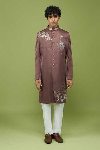Buy_Arihant Rai Sinha_Brown Silk, Dupion Embroidered Sherwani Jacket And Pant Set _Online_at_Aza_Fashions