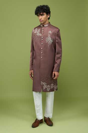 Shop_Arihant Rai Sinha_Brown Silk, Dupion Embroidered Sherwani Jacket And Pant Set _Online_at_Aza_Fashions