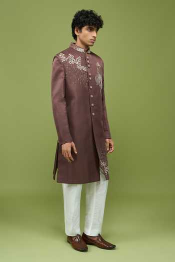 Arihant Rai Sinha_Brown Silk, Dupion Embroidered Sherwani Jacket And Pant Set _at_Aza_Fashions