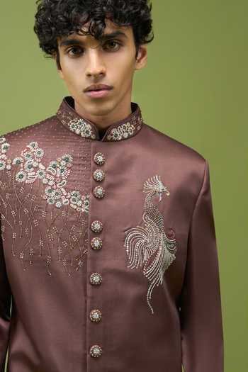 Shop_Arihant Rai Sinha_Brown Silk, Dupion Embroidered Sherwani Jacket And Pant Set 