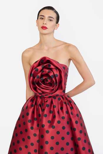 Buy Gauri & Nainika Red Bandeau Neck Polka Dot Print Midi Dress Online at Aza Fashions Buy_Gauri & Nainika_Red Bandeau Neck Polka Dot Print Midi Dress _Online_at_Aza_Fashions