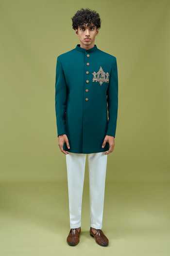 Buy Arihant Rai Sinha Teal Silk Embroidered Sherwani And Pant Set Online at Aza Fashions Buy_Arihant Rai Sinha_Teal Silk Embroidered Sherwani And Pant Set _Online_at_Aza_Fashions