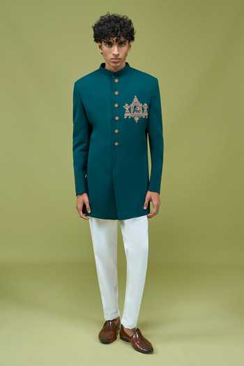 Shop Arihant Rai Sinha Teal Silk Embroidered Sherwani And Pant Set Online at Aza Fashions Shop_Arihant Rai Sinha_Teal Silk Embroidered Sherwani And Pant Set _Online_at_Aza_Fashions