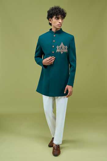 Arihant Rai Sinha Teal Silk Embroidered Sherwani And Pant Set at Aza Fashions Arihant Rai Sinha_Teal Silk Embroidered Sherwani And Pant Set _at_Aza_Fashions