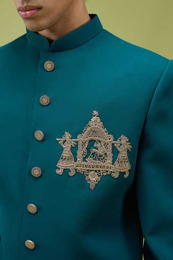 Shop Arihant Rai Sinha Teal Silk Embroidered Sherwani And Pant Set Shop_Arihant Rai Sinha_Teal Silk Embroidered Sherwani And Pant Set