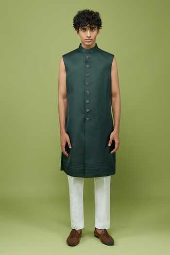 Shop Arihant Rai Sinha Green Silk, Dupion Pattern Pc Sherwani With Kurta And Pant Set Online at Aza Fashions Shop_Arihant Rai Sinha_Green Silk, Dupion Pattern Pc Sherwani With Kurta And Pant Set _Online_at_Aza_Fashions