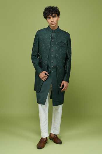 Arihant Rai Sinha Green Silk, Dupion Pattern Pc Sherwani With Kurta And Pant Set at Aza Fashions Arihant Rai Sinha_Green Silk, Dupion Pattern Pc Sherwani With Kurta And Pant Set _at_Aza_Fashions
