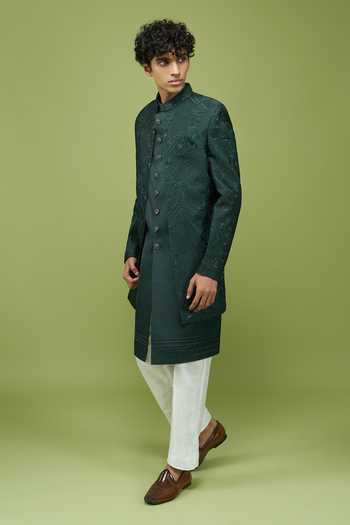 Shop Arihant Rai Sinha Green Silk, Dupion Pattern Pc Sherwani With Kurta And Pant Set Shop_Arihant Rai Sinha_Green Silk, Dupion Pattern Pc Sherwani With Kurta And Pant Set