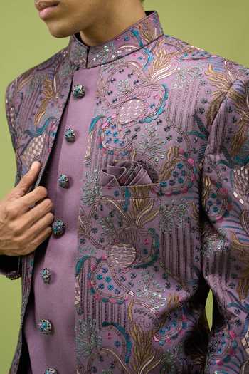 Shop Arihant Rai Sinha Purple Silk, Dupion Sherwani Jacket And Pant Set Shop_Arihant Rai Sinha_Purple Silk, Dupion Sherwani Jacket And Pant Set