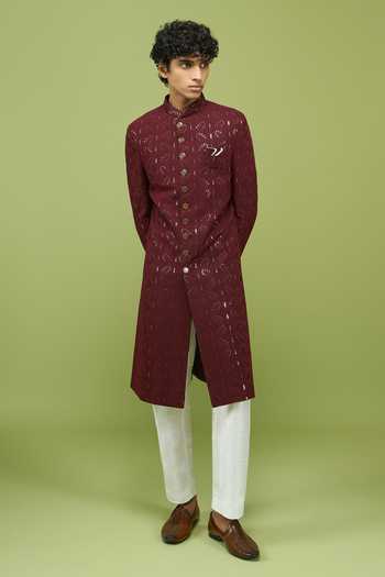 Shop Arihant Rai Sinha Maroon Silk, Georgette, Dupion Embroidered Sherwani And Pant Set Online at Aza Fashions Shop_Arihant Rai Sinha_Maroon Silk, Georgette, Dupion Embroidered Sherwani And Pant Set _Online_at_Aza_Fashions