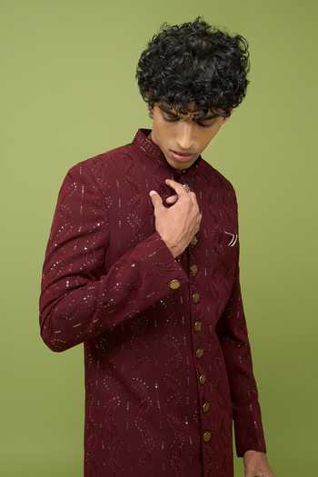 Arihant Rai Sinha Maroon Silk, Georgette, Dupion Embroidered Sherwani And Pant Set at Aza Fashions Arihant Rai Sinha_Maroon Silk, Georgette, Dupion Embroidered Sherwani And Pant Set _at_Aza_Fashions