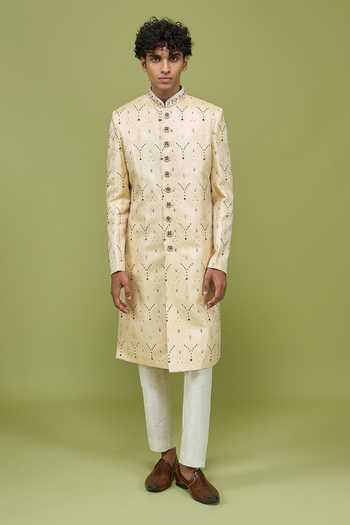 Shop Arihant Rai Sinha Gold Dupion, Banarasi Embroidered Sherwani And Pant Set Online at Aza Fashions Shop_Arihant Rai Sinha_Gold Dupion, Banarasi Embroidered Sherwani And Pant Set _Online_at_Aza_Fashions