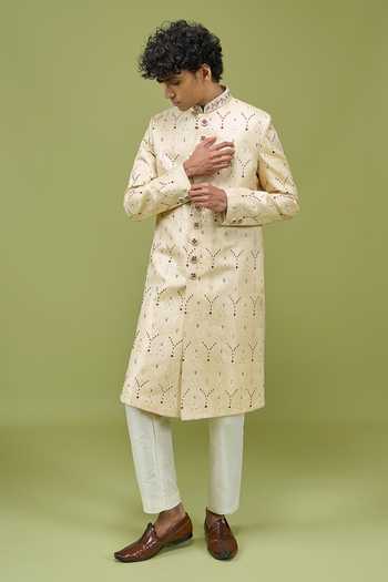 Arihant Rai Sinha Gold Dupion, Banarasi Embroidered Sherwani And Pant Set at Aza Fashions Arihant Rai Sinha_Gold Dupion, Banarasi Embroidered Sherwani And Pant Set _at_Aza_Fashions