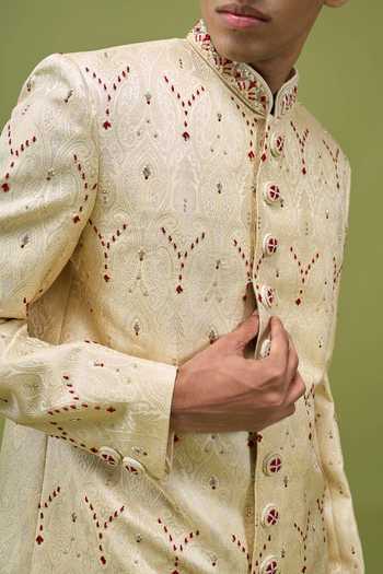 Shop Arihant Rai Sinha Gold Dupion, Banarasi Embroidered Sherwani And Pant Set Shop_Arihant Rai Sinha_Gold Dupion, Banarasi Embroidered Sherwani And Pant Set