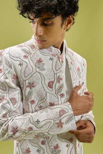 Shop Arihant Rai Sinha Off White Silk, Dupion Embroidered Sherwani Set With Kurta And Pant Shop_Arihant Rai Sinha_Off White Silk, Dupion Embroidered Sherwani Set With Kurta And Pant