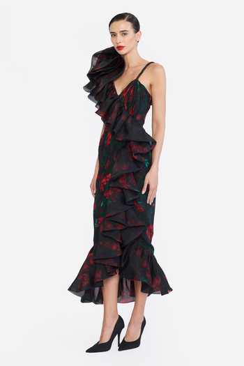 Gauri & Nainika Black Organza, Crepe One Shoulder Floral Print Dress Online at Aza Fashions Gauri & Nainika_Black Organza, Crepe One Shoulder Floral Print Dress _Online_at_Aza_Fashions