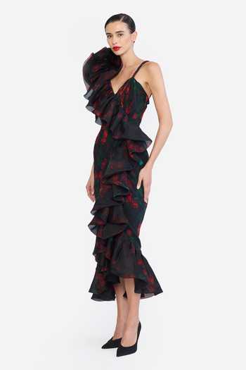 Buy Gauri & Nainika Black Organza, Crepe One Shoulder Floral Print Dress Online at Aza Fashions Buy_Gauri & Nainika_Black Organza, Crepe One Shoulder Floral Print Dress _Online_at_Aza_Fashions