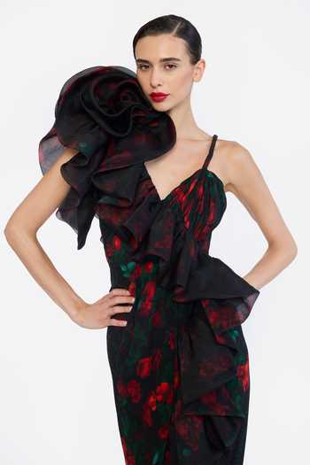 Shop Gauri & Nainika Black Organza, Crepe One Shoulder Floral Print Dress Online at Aza Fashions Shop_Gauri & Nainika_Black Organza, Crepe One Shoulder Floral Print Dress _Online_at_Aza_Fashions