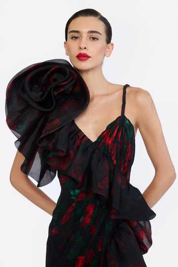 Gauri & Nainika Black Organza, Crepe One Shoulder Floral Print Dress at Aza Fashions Gauri & Nainika_Black Organza, Crepe One Shoulder Floral Print Dress _at_Aza_Fashions