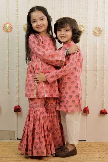Tiny Colour_Peach Cotton, Cambric Bloom Print Kurta And Gharara Set _Online_at_Aza_Fashions