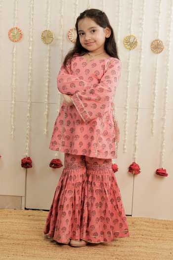 Buy_Tiny Colour_Peach Cotton, Cambric Bloom Print Kurta And Gharara Set _Online_at_Aza_Fashions