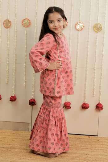 Shop_Tiny Colour_Peach Cotton, Cambric Bloom Print Kurta And Gharara Set _Online_at_Aza_Fashions