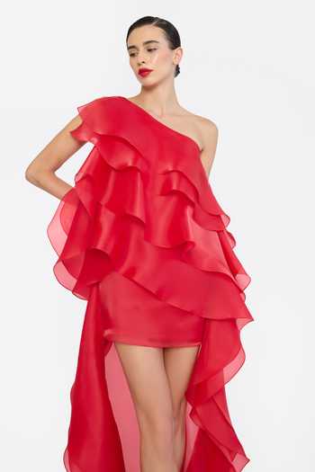 Gauri & Nainika Red Organza One Shoulder Ruffled High Low Hem Dress at Aza Fashions Gauri & Nainika_Red Organza One Shoulder Ruffled High Low Hem Dress _at_Aza_Fashions