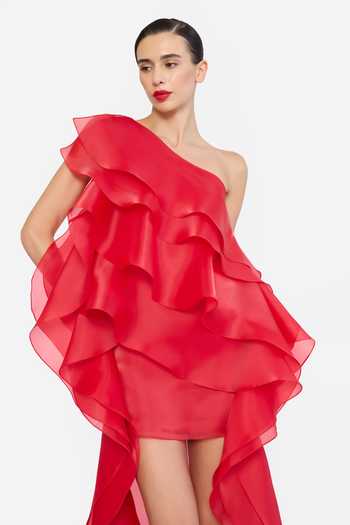 Buy Gauri & Nainika Red Organza One Shoulder Ruffled High Low Hem Dress Buy_Gauri & Nainika_Red Organza One Shoulder Ruffled High Low Hem Dress