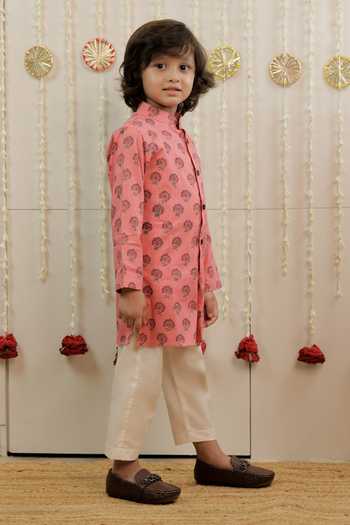 Buy_Tiny Colour_Peach Cotton, Cambric, Poplin Bloom Print Kurta Set _Online_at_Aza_Fashions