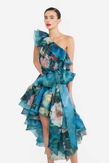 Gauri & Nainika Blue Organza One Shoulder Printed High-low Dress With Belt at Aza Fashions Gauri & Nainika_Blue Organza One Shoulder Printed High-low Dress With Belt _at_Aza_Fashions