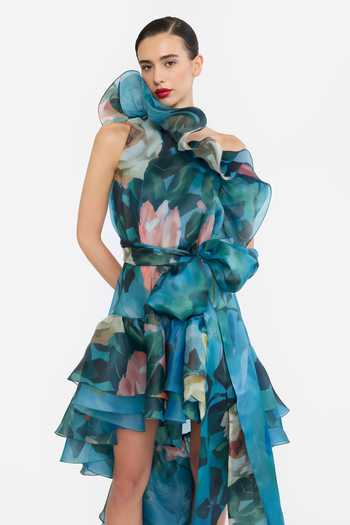 Buy Gauri & Nainika Blue Organza One Shoulder Printed High-low Dress With Belt Buy_Gauri & Nainika_Blue Organza One Shoulder Printed High-low Dress With Belt