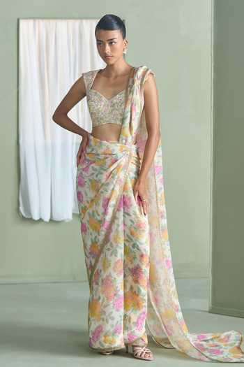 Buy_Summer By Priyanka Gupta_Multi Color Chanderi Sweetheart Neck Saree With Blouse _Online_at_Aza_Fashions