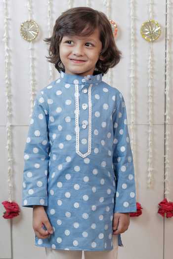 Buy_Tiny Colour_Blue Poplin, Cambric, Cotton Polka Dot Print Kurta Set _Online_at_Aza_Fashions