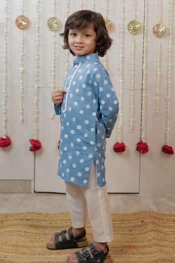 Shop_Tiny Colour_Blue Poplin, Cambric, Cotton Polka Dot Print Kurta Set _Online_at_Aza_Fashions