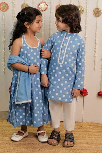 Tiny Colour_Blue Poplin, Cambric, Cotton Polka Dot Print Kurta Set _at_Aza_Fashions