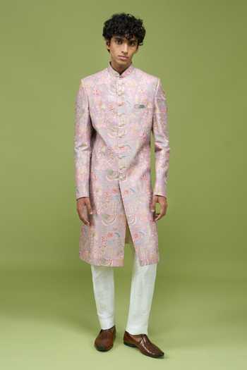 Shop Arihant Rai Sinha Pink Silk, Dupion Pattern Pcs Sherwani And Pant Set Shop_Arihant Rai Sinha_Pink Silk, Dupion Pattern Pcs Sherwani And Pant Set
