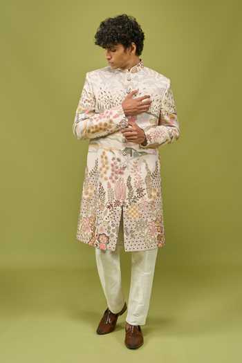 Shop Arihant Rai Sinha Multi Color Silk, Mens Pattern Embroidered Full-length Sherwani And Pant Set Shop_Arihant Rai Sinha_Multi Color Silk, Mens Pattern Embroidered Full-length Sherwani And Pant Set