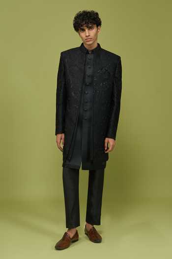 Shop Arihant Rai Sinha Black Silk, Dupion Pattern Pc Sherwani Set Online at Aza Fashions Shop_Arihant Rai Sinha_Black Silk, Dupion Pattern Pc Sherwani Set _Online_at_Aza_Fashions