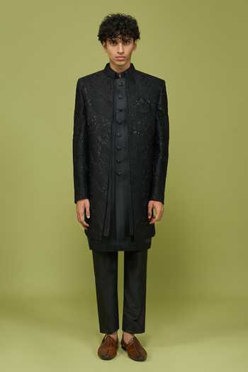 Buy Arihant Rai Sinha Black Silk, Dupion Pattern Pc Sherwani Set Buy_Arihant Rai Sinha_Black Silk, Dupion Pattern Pc Sherwani Set