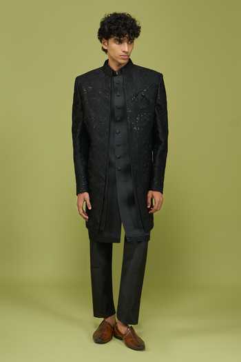 Shop Arihant Rai Sinha Black Silk, Dupion Pattern Pc Sherwani Set Shop_Arihant Rai Sinha_Black Silk, Dupion Pattern Pc Sherwani Set