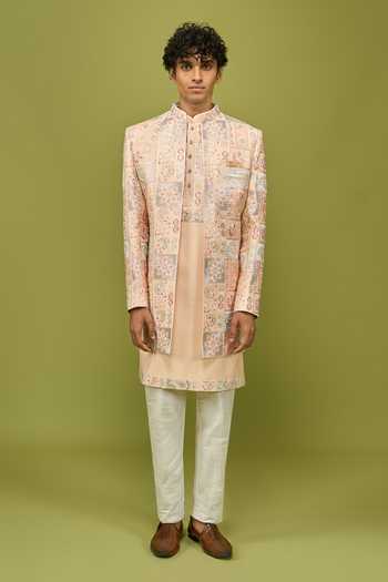 Shop Arihant Rai Sinha Peach Silk, Dupion Sherwani Kurta And Pant Set Online at Aza Fashions Shop_Arihant Rai Sinha_Peach Silk, Dupion Sherwani Kurta And Pant Set _Online_at_Aza_Fashions