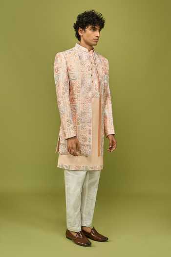 Buy Arihant Rai Sinha Peach Silk, Dupion Sherwani Kurta And Pant Set Buy_Arihant Rai Sinha_Peach Silk, Dupion Sherwani Kurta And Pant Set