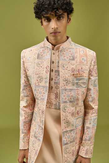 Shop Arihant Rai Sinha Peach Silk, Dupion Sherwani Kurta And Pant Set Shop_Arihant Rai Sinha_Peach Silk, Dupion Sherwani Kurta And Pant Set