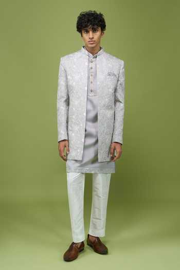 Shop_Arihant Rai Sinha_Grey Silk, Dupion Embroidery, Sequins, Zari Sherwani Set _Online_at_Aza_Fashions