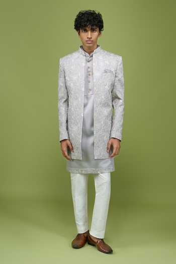 Arihant Rai Sinha_Grey Silk, Dupion Embroidery, Sequins, Zari Sherwani Set _at_Aza_Fashions