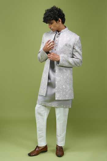Buy_Arihant Rai Sinha_Grey Silk, Dupion Embroidery, Sequins, Zari Sherwani Set 